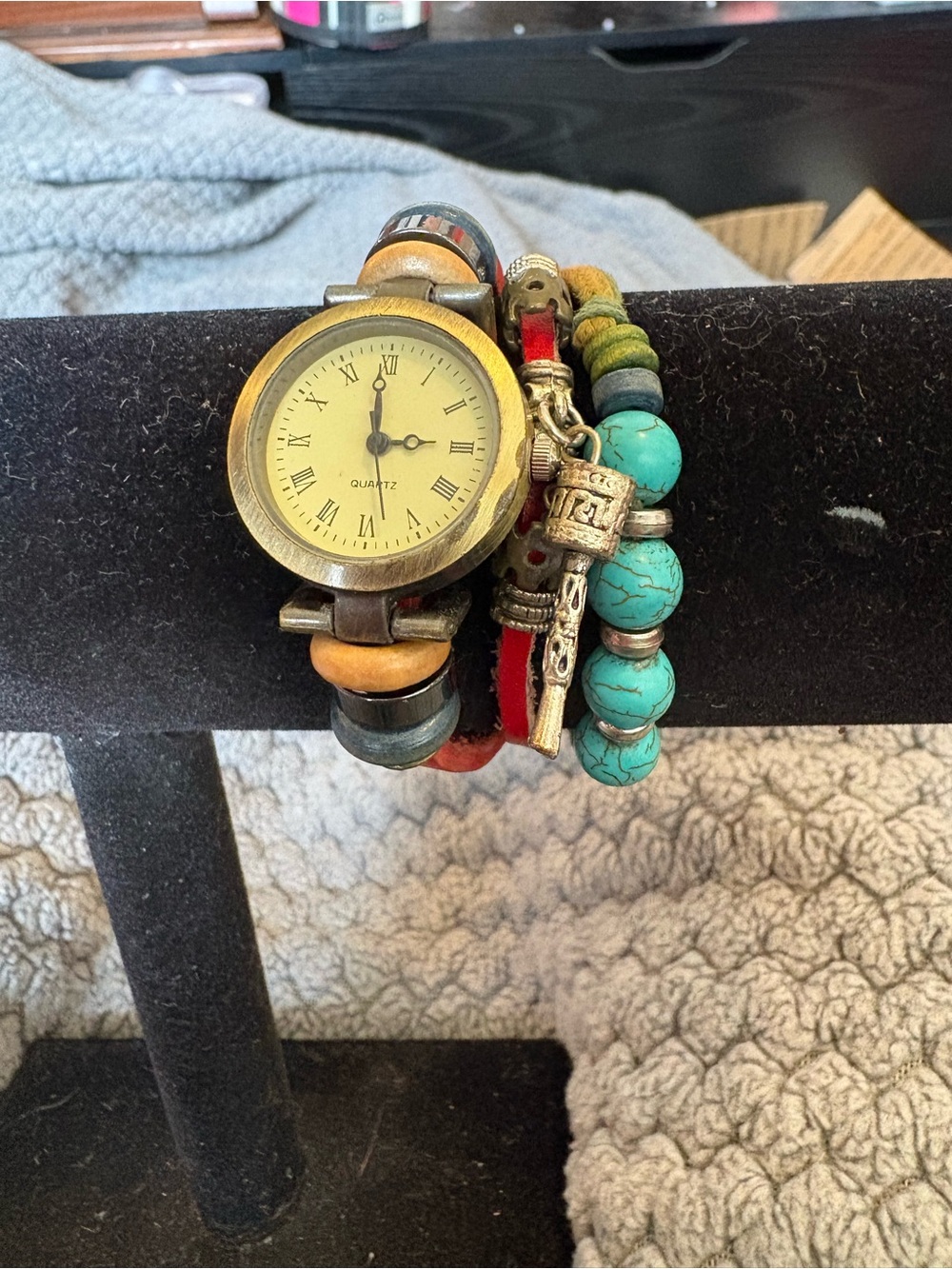 Vintage-Inspired Turquoise Bead & Leather Wrap Watch Bracelet